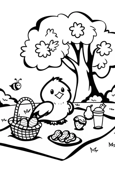 A coloring page of Chick’s Delightful Picnic Adventure Coloring Page