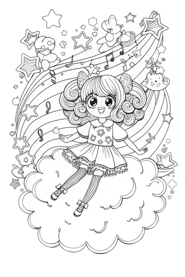 A coloring page of Cheerful Anime Girl Dreaming on a Cloud Coloring Page