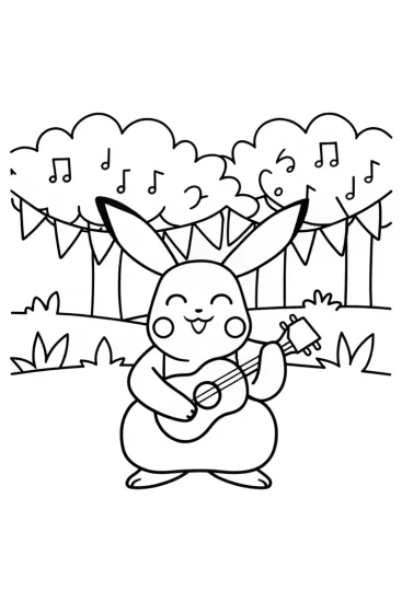 A coloring page of Pikachu strumming at the music fest
