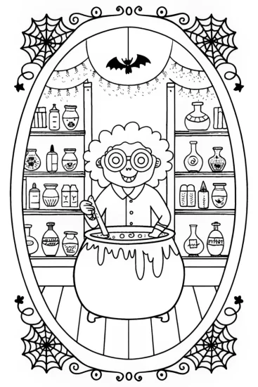 A coloring page of The Enchanted Halloween Lab Coloring Page