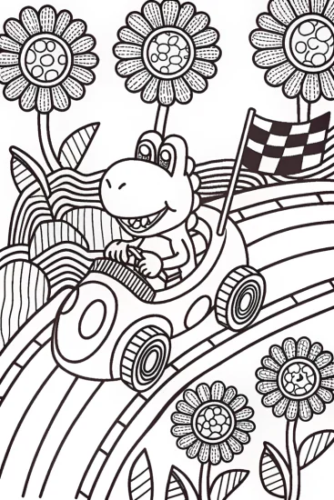 A coloring page of Yoshi’s Adventure in the Mushroom Kingdom Coloring Page