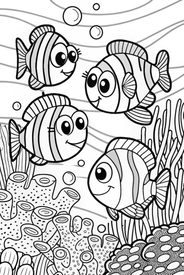 A coloring page of Friendly Fishes in a Bubble Adventure Coloring Page