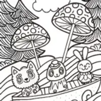 Mushroom Parade on a Raft Coloring Page