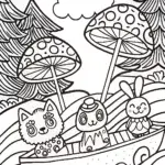 Mushroom Parade on a Raft Coloring Page