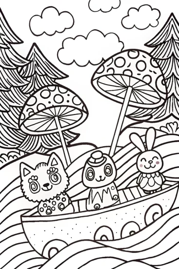 A coloring page of Mushroom Parade on a Raft Coloring Page