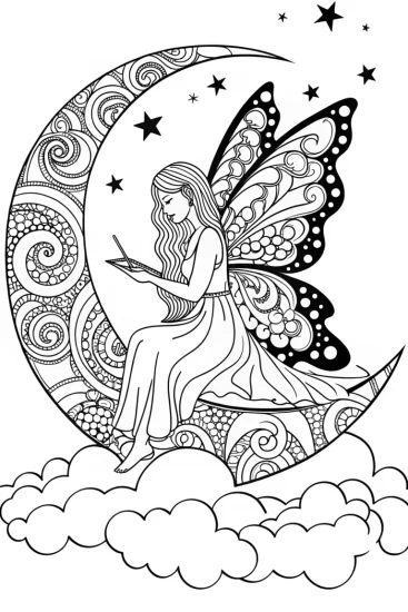 A coloring page of The Starry Night Fairy Dreamer Coloring Page