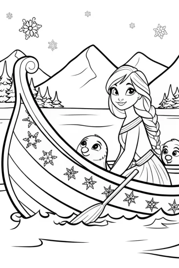 A coloring page of Elsa’s Enchanted Ice Boat Adventure Coloring Page