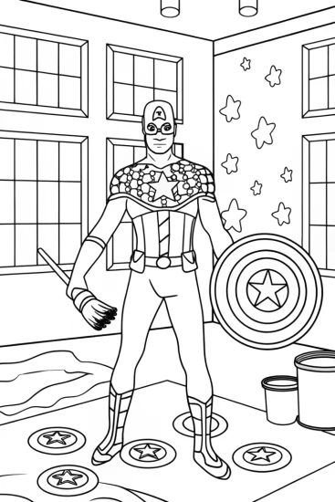 A coloring page of Captain America in the Art Studio Coloring Page
