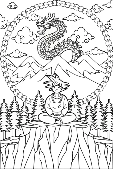 A coloring page of Goku and the Dragon Spirit Coloring Page