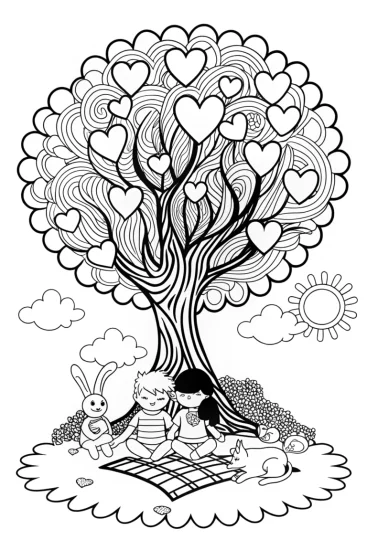 A coloring page of Heartwarming friendship picnic scene