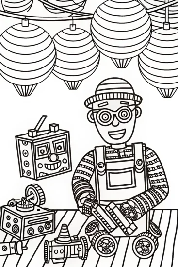 A coloring page of Blippi’s Magical Toy Workshop Coloring Page