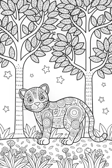 A coloring page of The Enchanted Panther and the Wish Trees Coloring Page