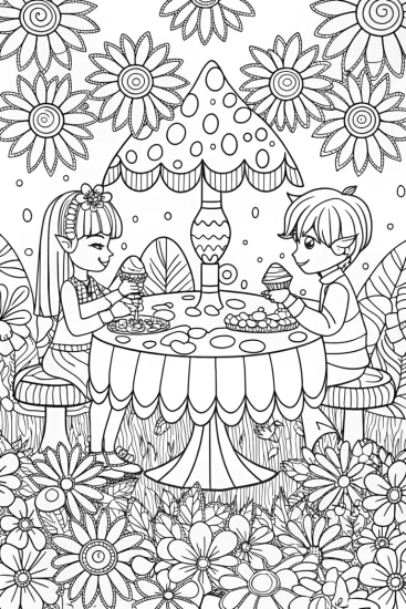 A coloring page of Anime Garden Tea Party Coloring Page