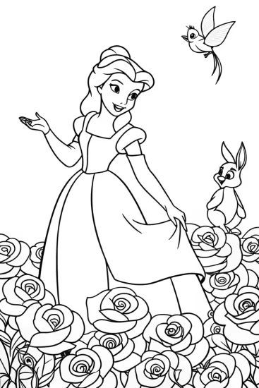 A coloring page of Belle in the Enchanted Rose Garden Coloring Page