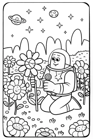 A coloring page of Buzz Lightyear in an alien garden