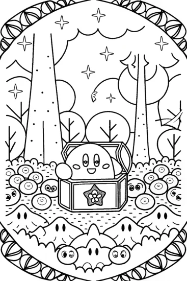 A coloring page of Kirby’s Enchanted Treasure Hunt Coloring Page