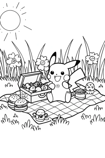 A coloring page of Pikachu’s Picnic Adventure Coloring Page