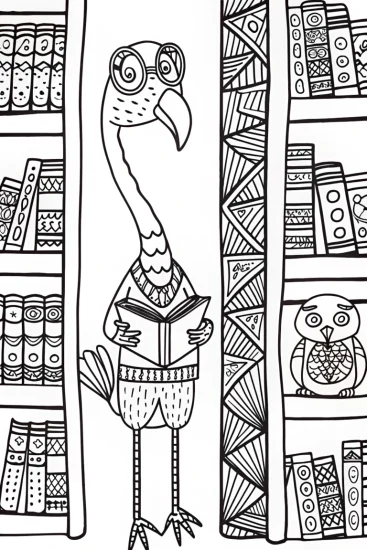 A coloring page of Flamingo Librarian in a Whimsical Library