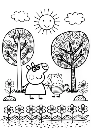 A coloring page of Peppa Pig’s Garden of Wishes Coloring Page