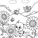 Baby’s whimsical garden exploration coloring page