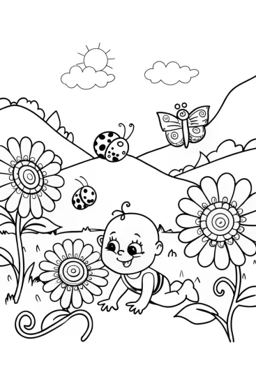 A coloring page of Baby’s whimsical garden exploration coloring page