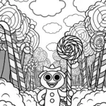 Huggy Wuggy’s Adventure in Candy Land Coloring Page