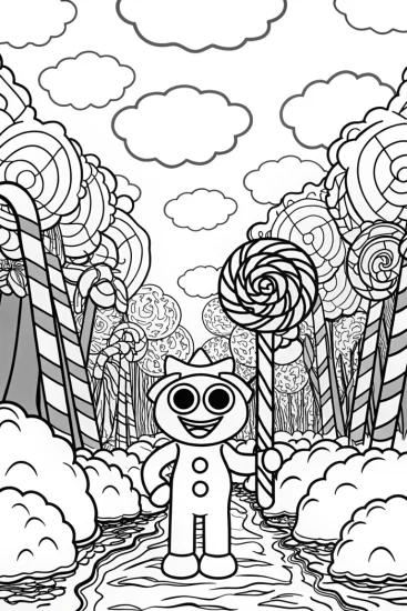 A coloring page of Huggy Wuggy’s Adventure in Candy Land Coloring Page