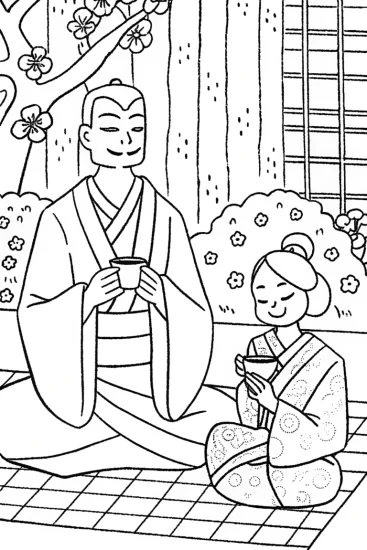 A coloring page of Demon Slayer’s serene tea moment coloring page