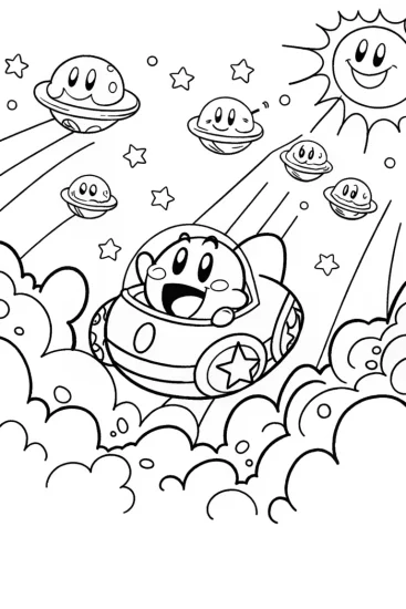A coloring page of Kirby’s Dreamy Space Race Coloring Page