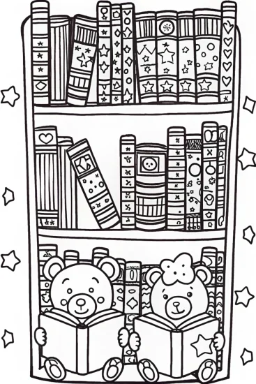 A coloring page of Cheer Bear and Tenderheart Bear in a Magical Library