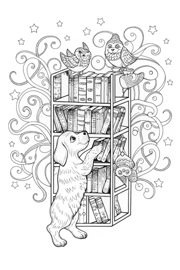 A coloring page of Puppy in the Enchanted Library Coloring Page
