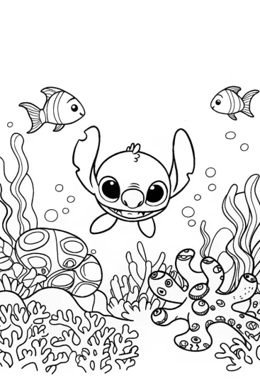 A coloring page of Stitch’s Underwater Wonderland Coloring Page