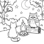 Cat’s Cozy Campfire Coloring Page