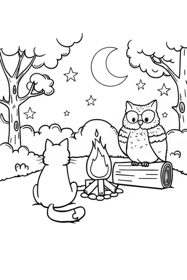 A coloring page of Cat’s Cozy Campfire Coloring Page