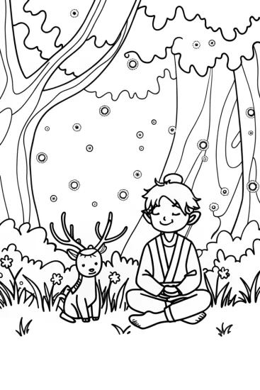 A coloring page of Demon Slayer and the Forest Spirit Coloring Page
