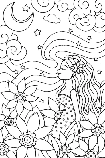 A coloring page of Mermaid in the Celestial Garden Coloring Page