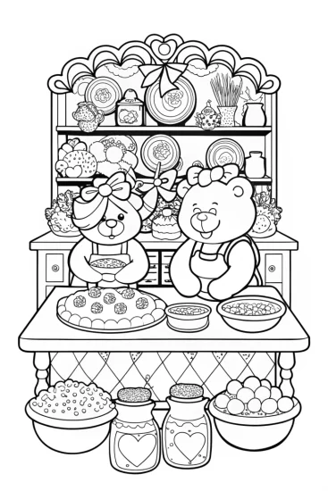 A coloring page of Cheer Bear and Funshine Bear Baking Contest Coloring Page