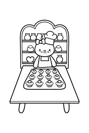 A coloring page of Hello Kitty’s Baking Magic in the Enchanted Kitchen Coloring Page