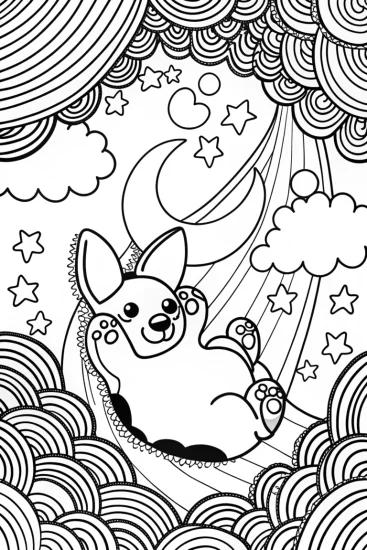 A coloring page of Puppy Under the Starlit Canopy Coloring Page