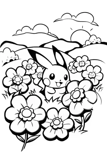 A coloring page of Pikachu’s Garden Surprise Coloring Page