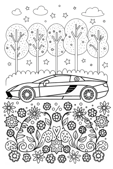 A coloring page of Lamborghini in a magical garden scene