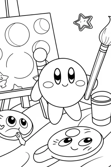 A coloring page of Kirby’s Galactic Art Studio Coloring Page