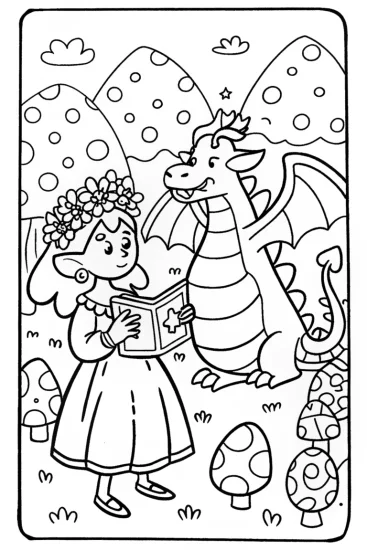 A coloring page of Easter Egg Hunt with Elf and Dragon Coloring Page