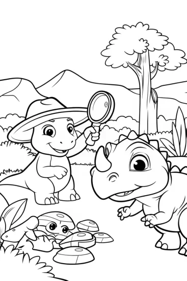 A coloring page of Dino Explorers on a Fossil Quest Coloring Page