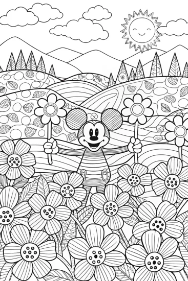 A coloring page of Mickey Mouse’s Enchanted Music Garden Coloring Page