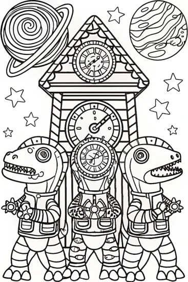 A coloring page of Dino Time Travelers Coloring Page
