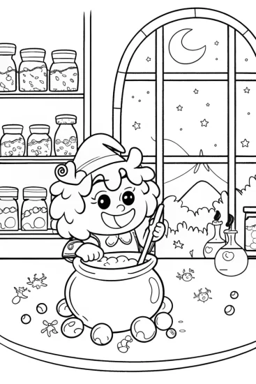 A coloring page of Dr. Poodle’s Enchanted Potion Workshop Coloring Page