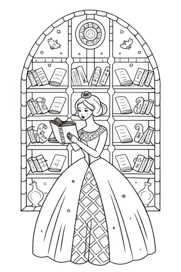 A coloring page of Princess in the Enchanted Library Coloring Page
