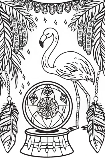 A coloring page of Flamingo fortune teller’s mystical insights coloring page