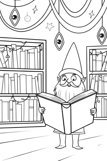 A coloring page of Gnome in the Enchanted Library Coloring Page